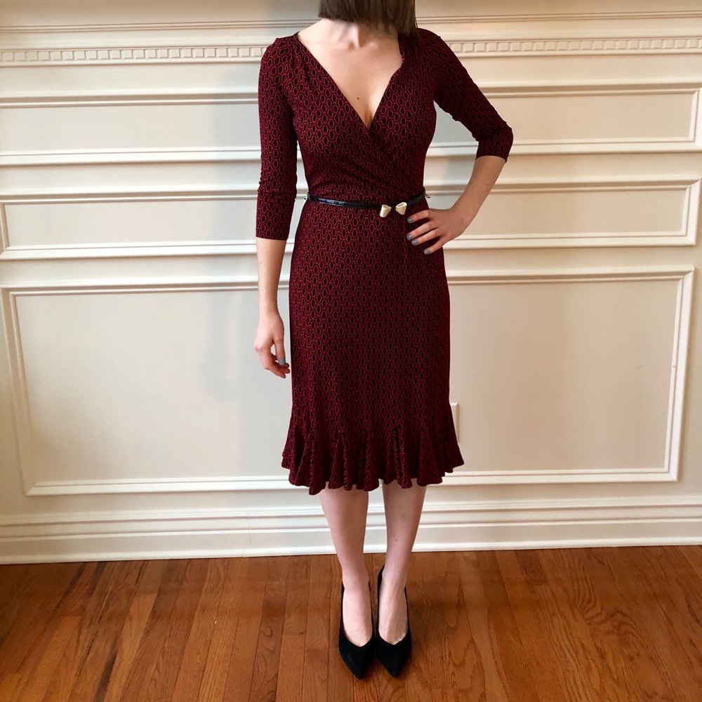 Black and red v-neck dress, ruffle-hem, size 4